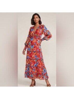 Chelsea & Violet Margaux Floral Print Plisse V-Neck Long Cuff Sleeve Maxi Dress